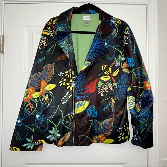 Chico’s Whimsical Floral Print Zipper Front Moto Long Sleeve Jacket Chicos - Picture 5 of 10